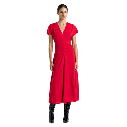 Cue Raspberry Stretch Viscose Gathered Front Midi Dress